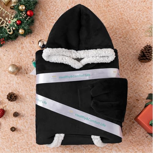 Sioloc Wearable Blanket Hoodie for Women/Kids/Men, Oversized & Cozy Sherpa Lined Hoodie Sweatshirt Blanket(Black,Oversized)
