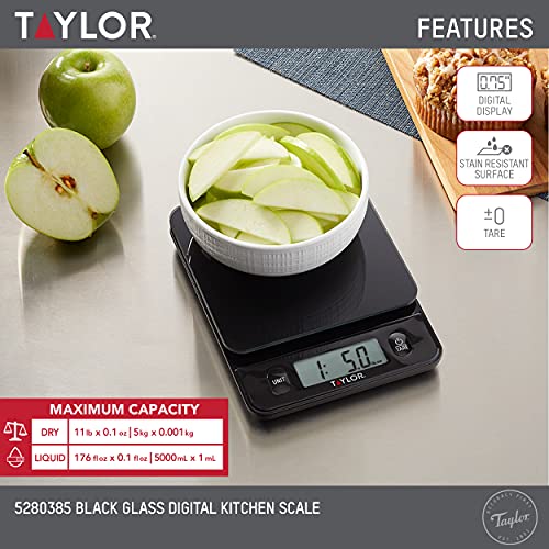 Taylor Glass Top Food Scale with Touch Controls, 11 lb Capacity, Sleek Black Design for Precision Food Measurement in Gram...