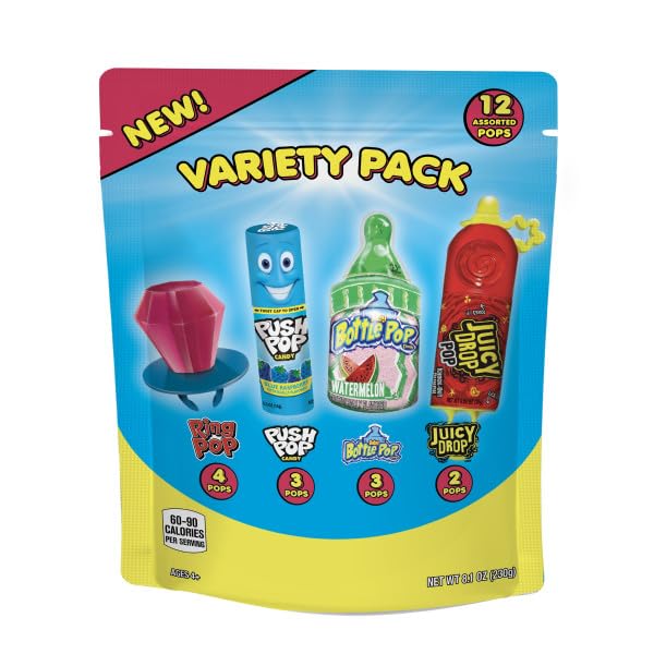 Christmas Candy Variety Pack Bag, 12 Ct Assorted Lollipops, Bulk Individually Wrapped Ring Pop, Push Pop, Baby Bottle Pop & Juic