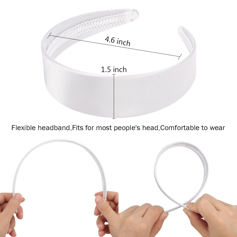 AHONEY White Headband for Women Girls Satin Silk Headband Non Slip 1.57  Wide Plain Head Band Solid Hair Band DIY Halloween Holi