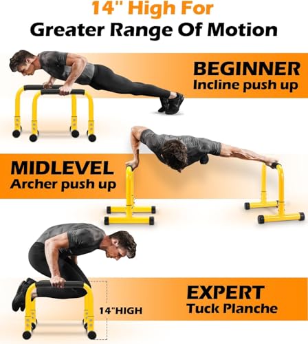 TABEKE Push Up Bar, 14'' High Steel Parallettes & Dip Bar with Full Coverage Foam Handle, Heavy-Duty Calisthenics Parallel...
