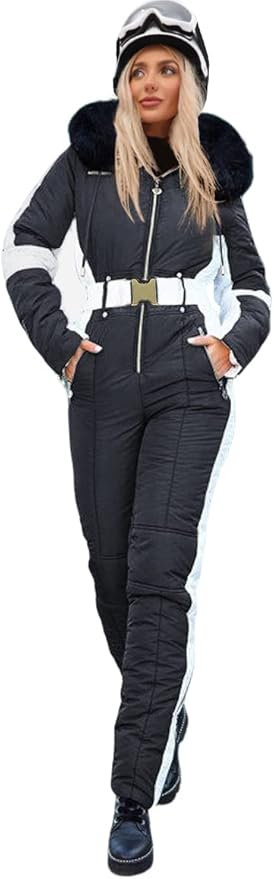 Zwurew Womens Winter Ski Suit Outdoor Sports Waterproof Snowsuit Fur Collar Ski Jumpsuit Coat