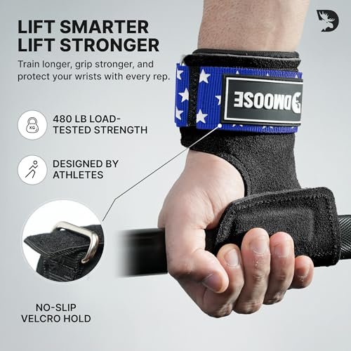 DMoose Fitness Weight Lifting Hooks (Pair) for Deadlifts, Pull Ups, Rows & Shrugs - Anti-Rip Nylon Strap Hand Grips with T...