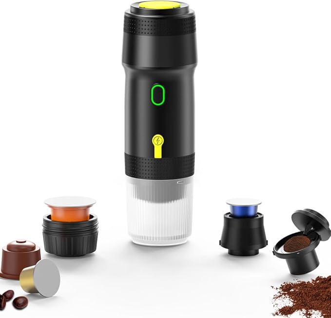 Portable Espresso Maker – 20 Bar Pressure Mini Coffee Machine, Battery Operated, Compatible with Ground Coffee and Select Pods, Includes Car Charger, for Hot & Iced Coffee (Black)