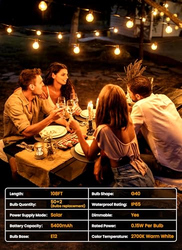Brightown 108FT 52 LED Solar String Lights Outdoor with Remote & USB Port, Shatterproof Bulbs, Dimmable & Timable, 3 Light...