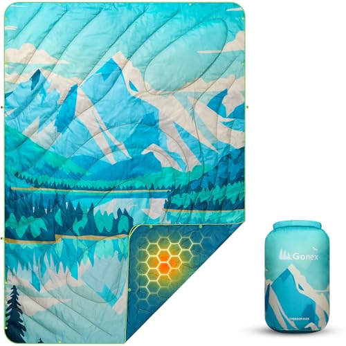 Gonex Camping Blanket with Aero-Warmth Tech Layer, Puffy Printed Packable Blanket Ultralight & Warm Wearable Water-Resista...