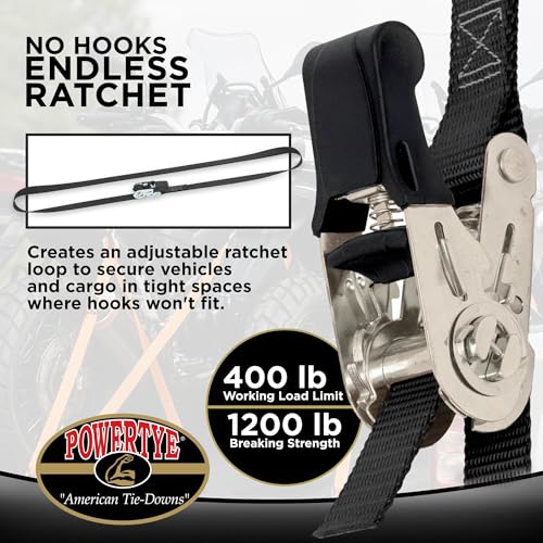 PowerTye - Endless Ratchet Strap - 1in x 4ft Easy Grip (Hookless), Tie Down Strap w/ 400 lb. Working Load Limit / 1,200 l...