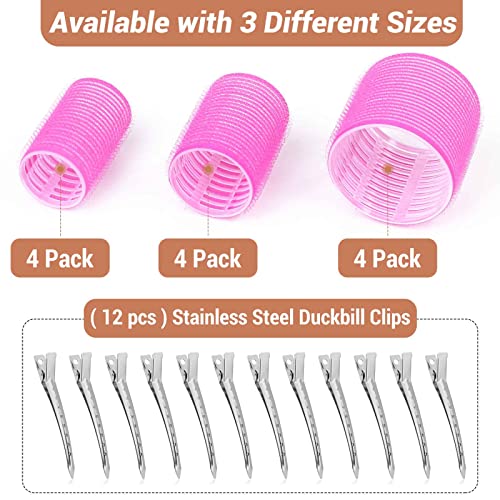 Self Grip Hair Rollers Curlers Set - 24 Pieces with 3 Sizes (4 Jumbo, 4 Large, 4 Medium) and 12 Clips for Volume on Long, ...