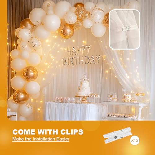 HOLITS White Tulle Backdrop with Fairy Lights for Parites Wrinkle-Free Sheer Curtain Drapes Photo Back Drop for Wedding Ba...