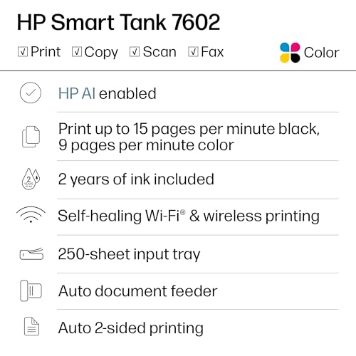 HP Smart Tank 7602 Wireless All-in-One Ink Tank Printer, Scanner, Copier with 2 Years of Ink Included, Best-for-Home Offic...