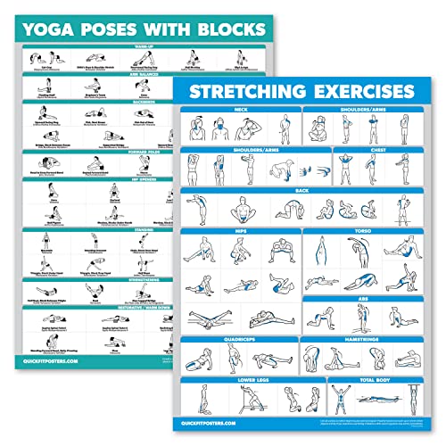 2 Pack - Yoga Block Poses + Stretching Exercise Poster Set - Yoga Positions with Blocks Chart - Set of Two Fitness Charts