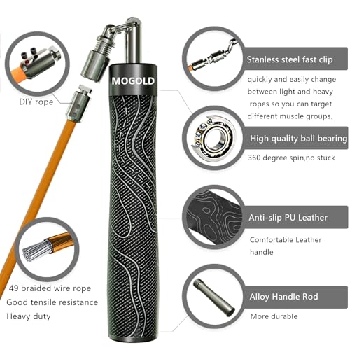 Mogold Weighted Jump Rope for Men Women -Interchangeable 1/5lb 1/4lb 1/2lb Heavy jump ropes - 360 Degree Spin - Length Adj...