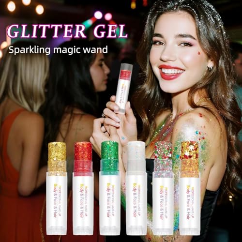 Red Body Glitter Stick, Sparkling Neon Outfit Holographic Sequins Glitters for Eye Lip Hair Nails, Festival Rave Accessori...