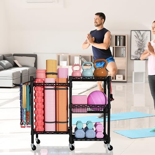 FUTASSI Home Gym Storage, 3 Tiers Workout Equipment Organizer with Wheels for Yoga Mats, Foam Roller, Dumbbells, Kettlebel...