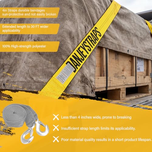 Yellow 4 Inch x 30 FT Heavy Duty Tie Down Straps - High Visibility Flatbed Trailer Straps with Flat Hooks, 6000 lbs Workin...