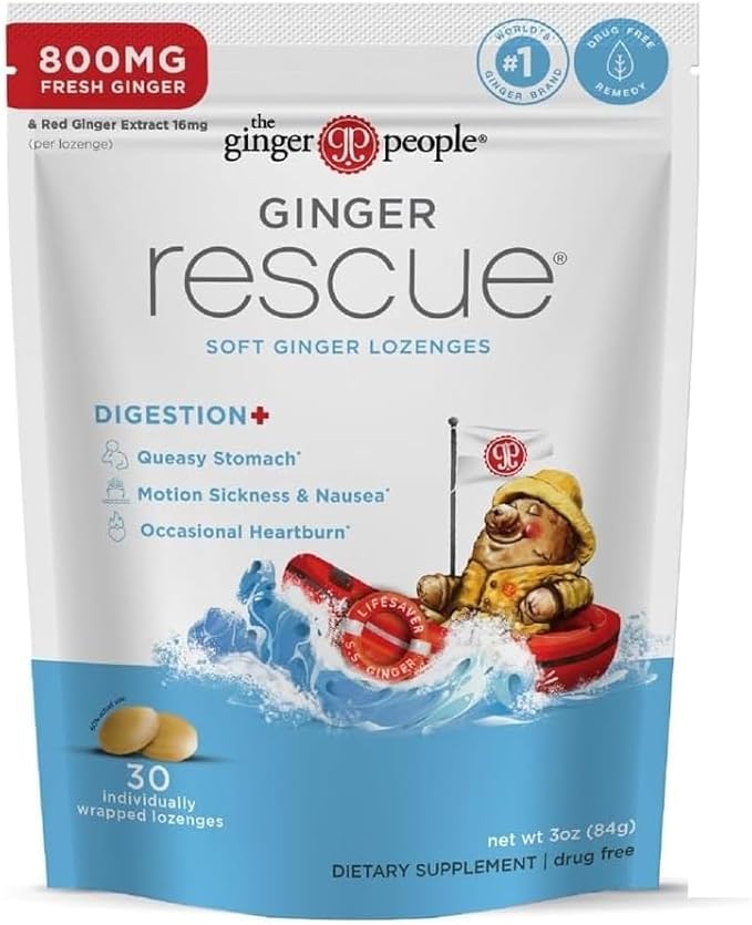 The Ginger People Ginger Rescue Digestive Wellness Lozenges (Soft) | Extra Strength - 800mg | Nausea, Upset Stomach, Motio...