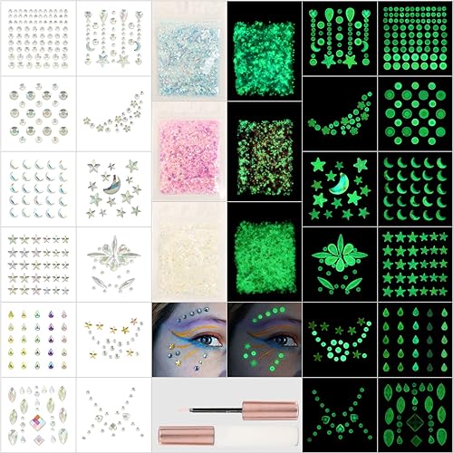 Noctilucent Face Gems, 12Pcs Luminous Face Jewels Rhinestones Stickers and 15g Chunky Glitter Glow in The Dark for Face Ey...