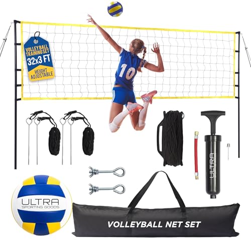 Volleyball Net Outdoor - Includes 32x3 Feet Regulation Size Net, 8.5-Inch PU Volleyball, Carrying Bag, Boundary Lines, Ste...
