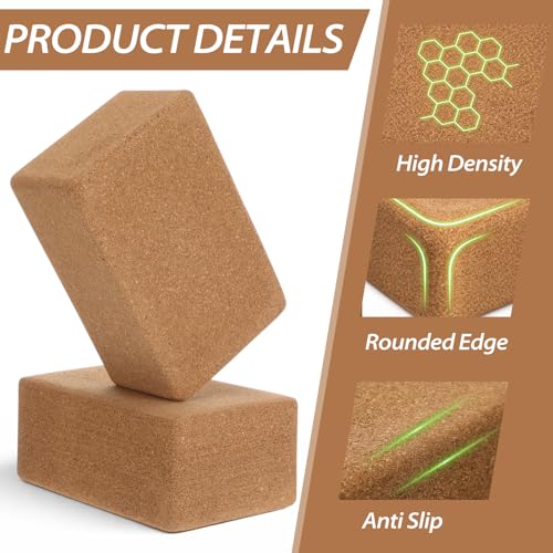 Leitee 6 Pcs Cork Yoga Blocks with Straps 9 x 6 x 4 Inch Cork Yoga Brick 8.2 FT Strap Non Slip High Density Bricks Exercis...