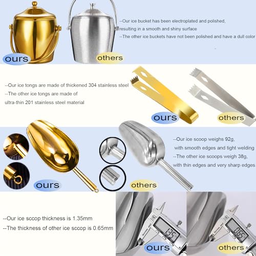 Ice Bucket Champagne Bucket with Tongs Scoop Lid, Double Wall Wine Bar Freezer Ice Bucket with Stand & Carrying Handle, St...