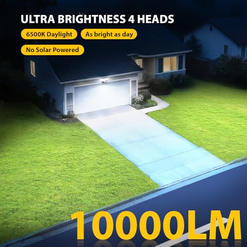 90W 10000LM LED Security Lights Motion Sensor Outdoor Lights, 4 Head Dusk to Dawn, 6500K Daylight Flood Lights Outdoor Mot...