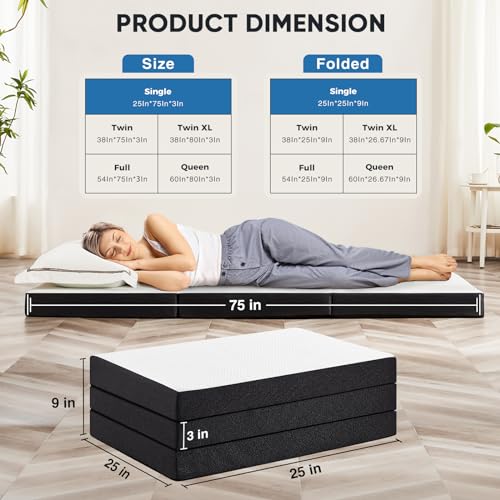 OLIXIS Tri-fold Memory Foam Mattress - 3 Inch Single Size Portable Floor Bed, Foldable Mat for Adults, Collapsible and Was...
