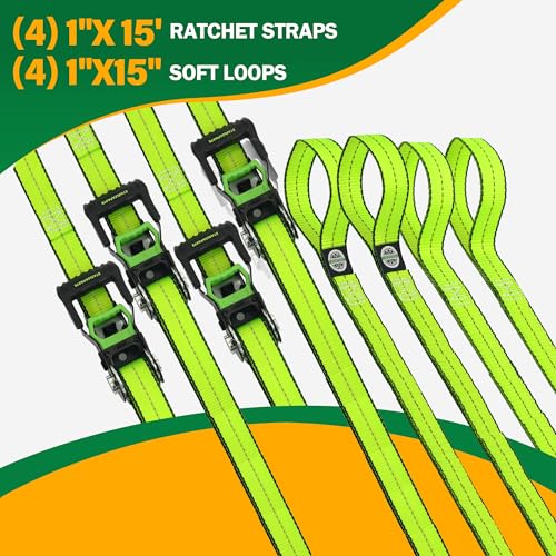 Motorcycle Tie Down Strap (4PK) - 2,100lb Break Strength Premium 15ft Ratchet Tie Down Straps Set, Soft Loop Ratchet Strap...