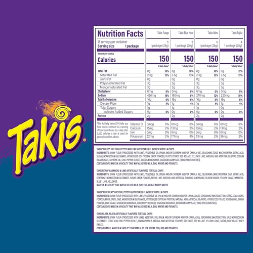 Takis 18 pc / 1 oz Variety Pack, Assorted Flavored Mixed Rolled Tortilla Chips – (5) Fuego, (5) Blue Heat, (4) Nitro, (4) ...