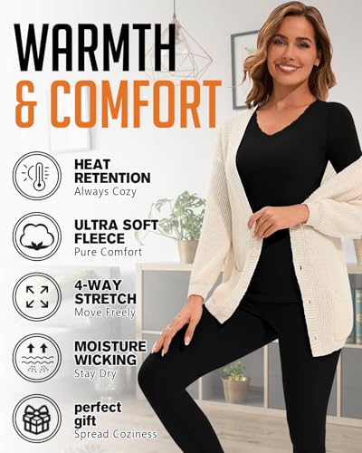 WOWENY Long Johns Thermal Underwear for Women Fleece Lined Base Layer 2 Pieces Pajama Set Cold Weather Lace V Neck Top Bottom