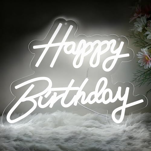 Happy Birthday Neon Sign - 16.5x9.8 Inch White Birthday Neon Light for Wall Decor, USB Powered Dimmable Party Decorations ...