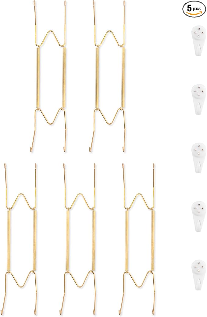 5 Pack Plate Hangers for The Wall, Suitable for 10-14 inch Art Plate, Stainless Steel Invisible Heavy Duty Wire Plate Holder with Wall Hooks, Plate Hangers for Displaying Plates, Platter, Dish, Gold