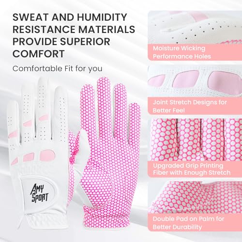 Amy Sport Golf Gloves Women Left Hand Right All Weather Rain Grip Value 2 Pack, Ladies Soft Pink Glove Lh Rh Both Hand Fit...