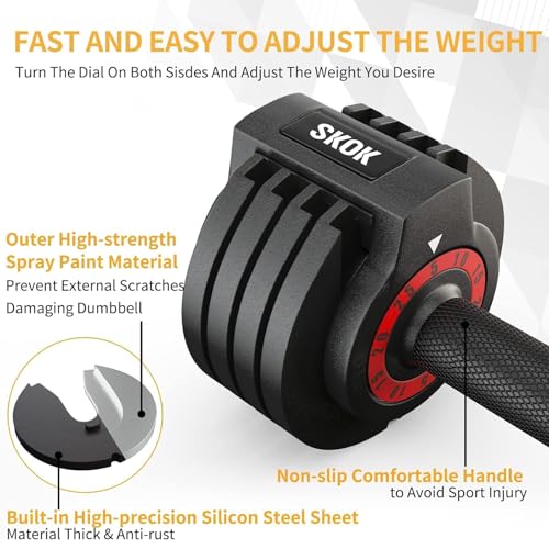 SKOK 25lbs Pair Adjustable Dumbbells Set, Adjustable Weights Dumbbells Set for Men and Women with Anti-Slip Fast Adjust We...