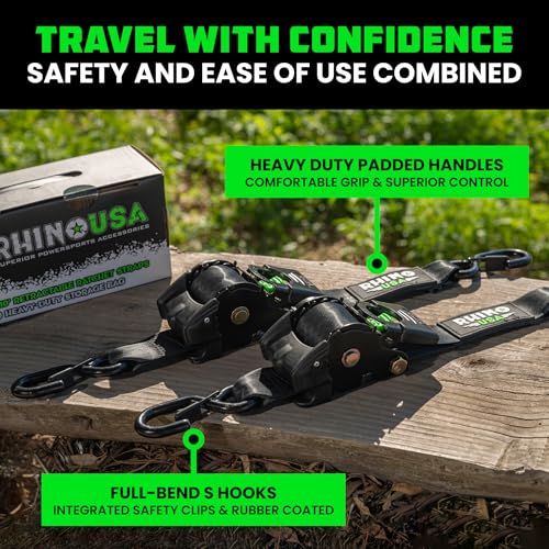 Rhino USA Retractable Ratchet Straps (2-Pack) - 2 Inch x 10 Feet (3,033lb Break Strength) - Heavy Duty Auto Self Retractin...