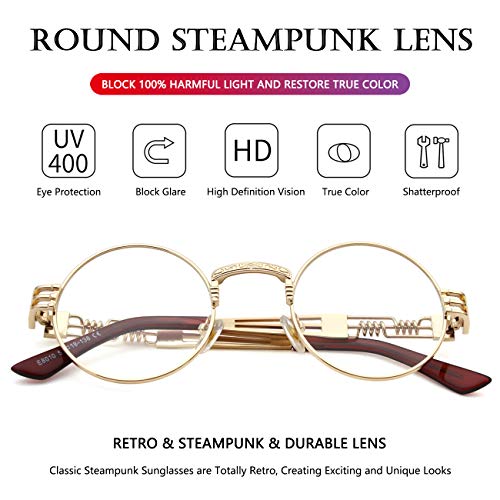 AIEYEZO Round Steampunk Sunglasses for Men Women Retro Circle Hippie Glasses Metal Frame 100% UV Blocking Lens
