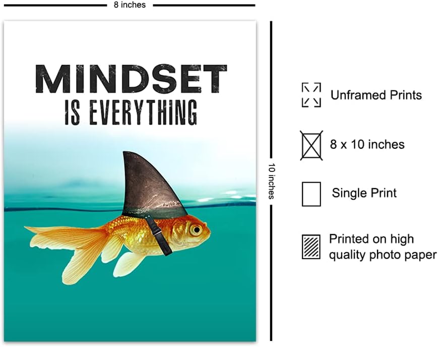 Mindset is Everything - Motivational Wall Art Poster for Home, Office - Gift for Entrepreneur, Student, Men, Teens - Inspirational Decor - Uplifting Self-Improvement Positive Quote - Shark Goldfish