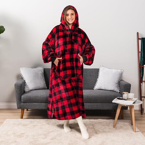 PAVILIA Blanket Hoodie for Women Red, Sherpa Wearable Blanket Men, Cozy Oversized Sweatshirt Blanket, Warm Fleece Hooded B...