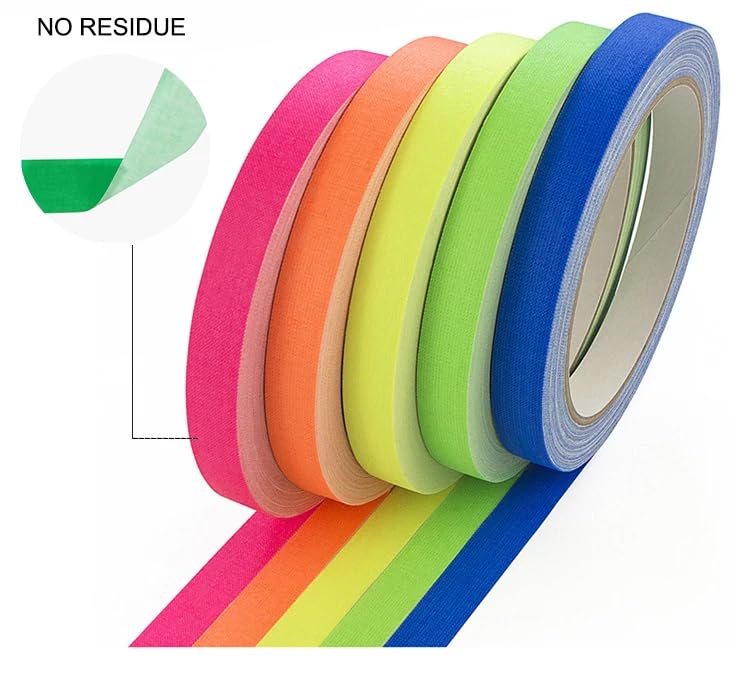 AISEY Neon Gaffer Cloth Tape, Fluorescent Colors Pro Gaff Tape UV Blacklight Tape for UV Party 0.6 inch x 16.5 feet, 5 Pack