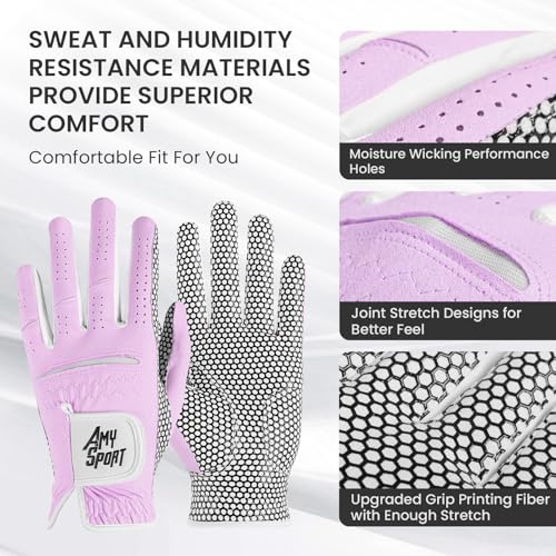 Amy Sport All Weather Grip Golf Gloves Women Value 2 Pack for Left Right Handed Golfer, Upgraded Anti Slip & Comfortable G...