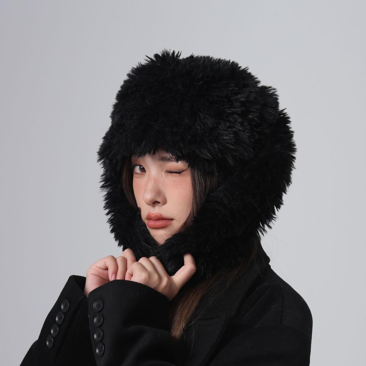 Furry Beanie Bunny Ears Hat Fluffy Warm Hat Plush Slouchy Beanies for Indoor and Outdoor (Black)