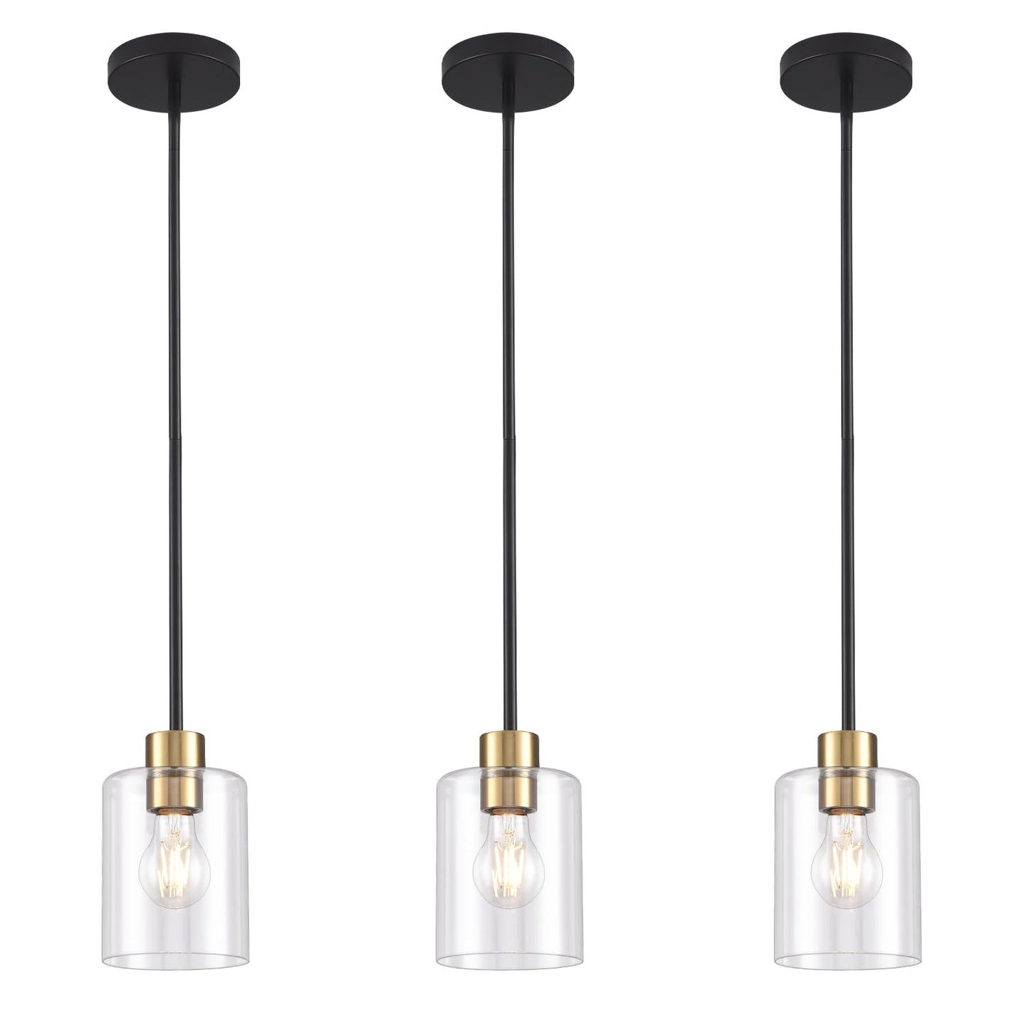 KLSS Black Brass Pendant Lights 3 Pack - Clear Glass Fixture with 12 Inch & 4 Inch Rods, Model HJBLDD3P001