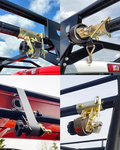 Ladder Rack Ratchet Straps with J-Hook (4PCS), 2" Black Round Tube Mount, 1.5" Wide x 7.5' Long Black Retractable Ratchet ...