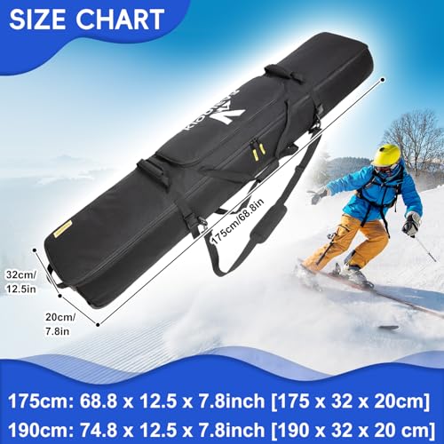 Kioqiear Rolling Ski Bag with Wheels for Air Travel,Padded Double Ski Bag to Hold 2 Pairs of Skis up to 175 or 190 cm.