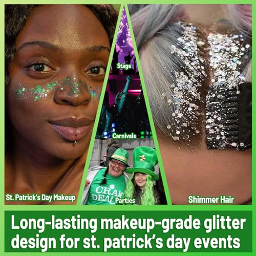 Allstarry Green Body Glitter, 4 Colors Cosmetic Green Face Glitter, Shamrock Face Eyeshadow Makeup Hair and Eye Glitter St...