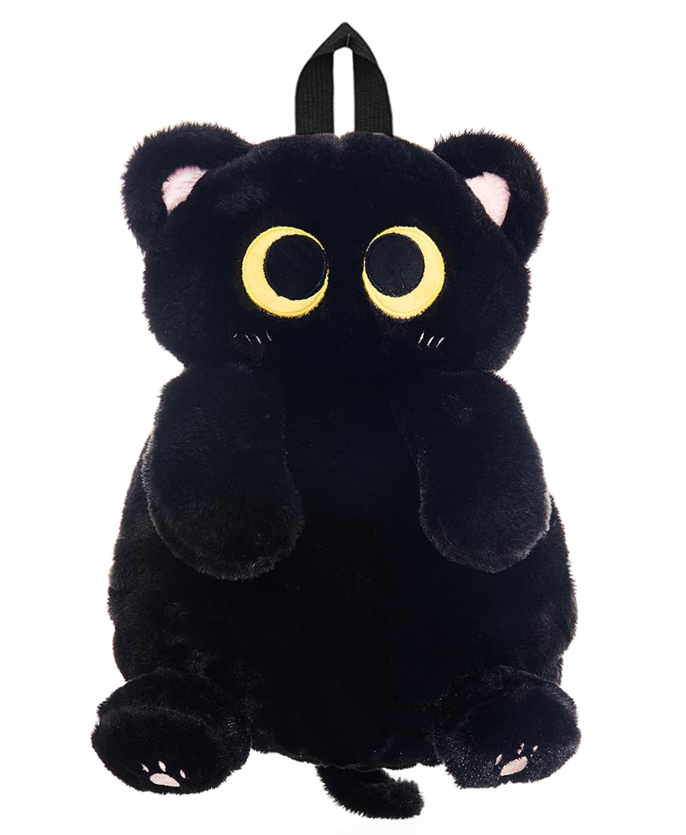 IYOOCSS Girls Black Cat Plush Backpack – Stuffed Animal Cat Bag with Adjustable Straps, Perfect for Birthday Travel & Gifts (Black Cat)