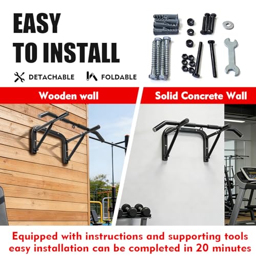 Wall Mounted Pull Up Bar Heavy Duty Steel Chin Up Bar for Home Gym Doorway Wall Installation Multi-Function Upper Body Wor...