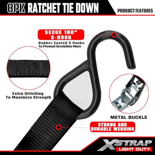 XSTRAP STANDARD Ratchet Tie Down Straps 8PK 1'' x 10 ft - 900 LB Break Strength Cargo Straps for Moving Appliances, Lawn E...