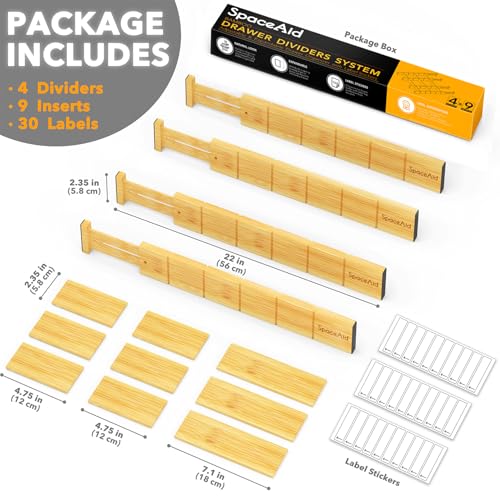 SpaceAid Bamboo Drawer Dividers with Inserts and Labels, Kitchen Adjustable Drawer Organizers, Expandable Organization for...