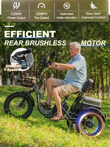 Folding Electric Tricycle for Adults 2 Seater, 22MPH 100 Miles 4" Wide Fat Tire Electric Trike, 3 Wheel Electric Bike 1200...