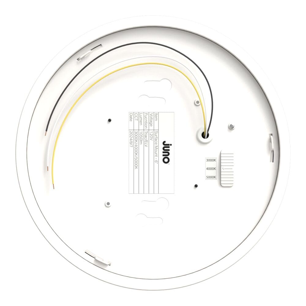 Juno Slim Basics 6 Inch Led Ceiling Light  Low Profile Surface Mount Downlight For Shower Or Closet Lighting  3000K/4000K/5000K Selectable White Light  Edged Trim  Wet Rated  Matte White